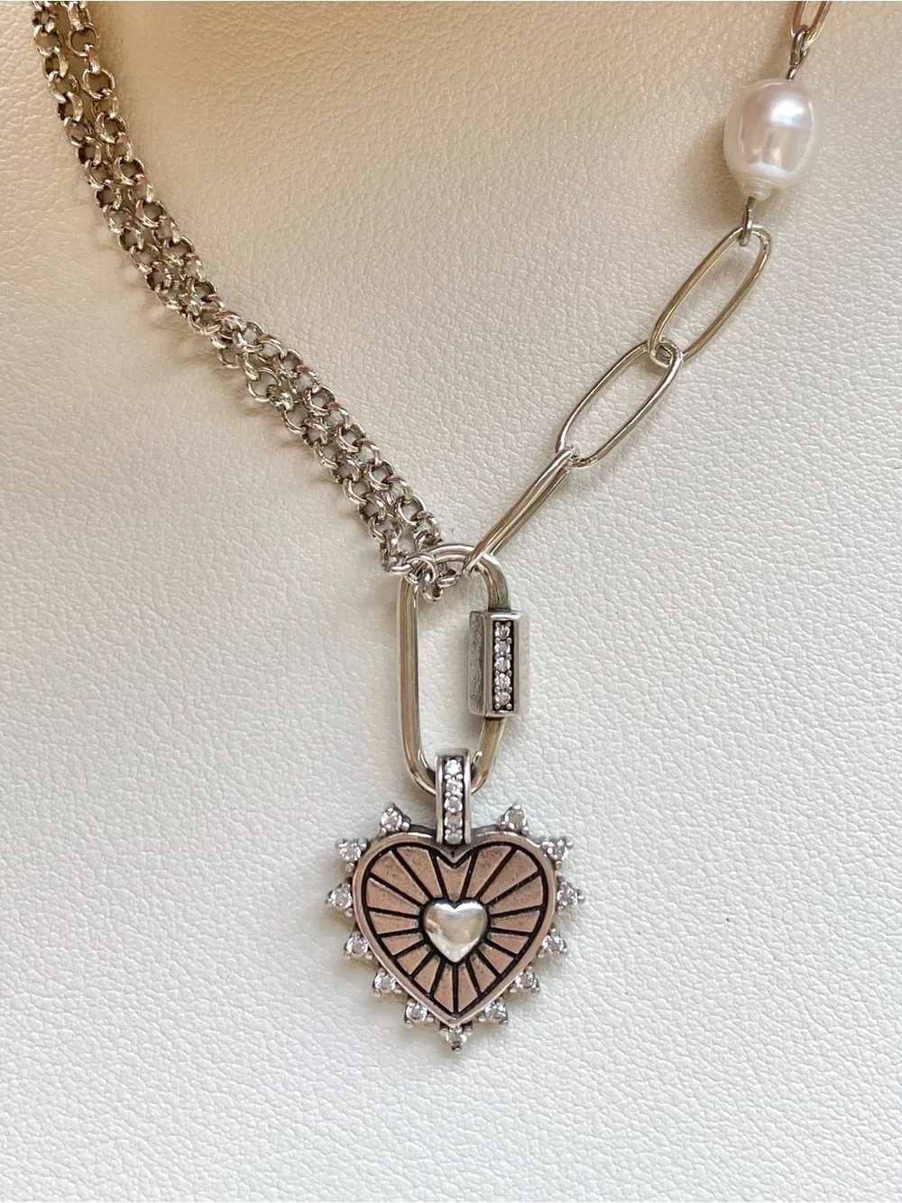 Silver Heart Pendant Necklace with Pearl Accent - Silver